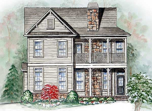 House plan exterior, two stories, siding, stone chimney, and covered balconies.