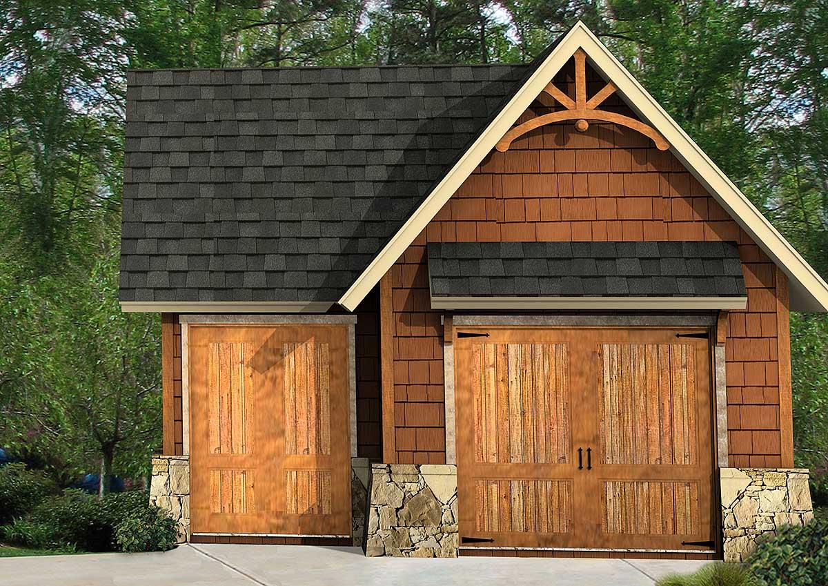 House plan exterior with two wood garage doors, stone base, cedar shingles, and decorative gable truss.