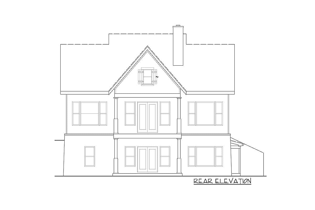 Rear elevation drawing of a two-story house with a gable dormer, porch, and multiple windows.