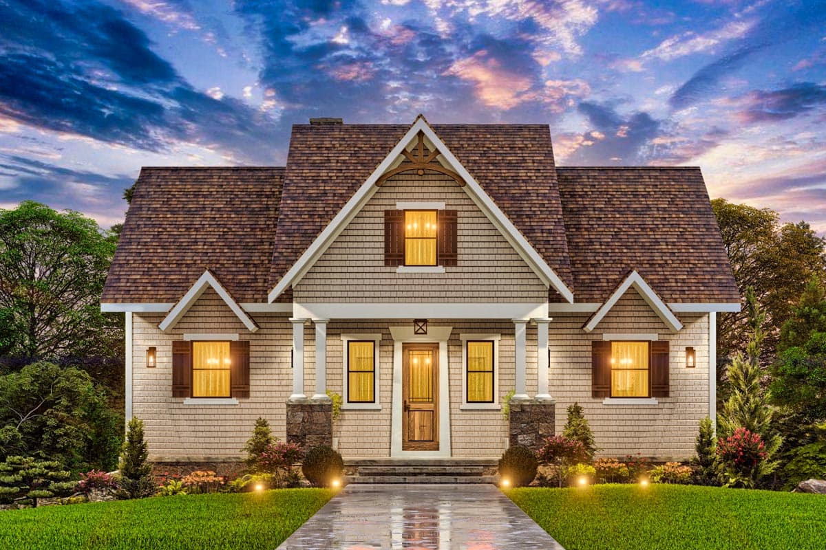 House plan exterior: Craftsman style, two stories, with a covered front porch, prominent gables, and stone accent columns.