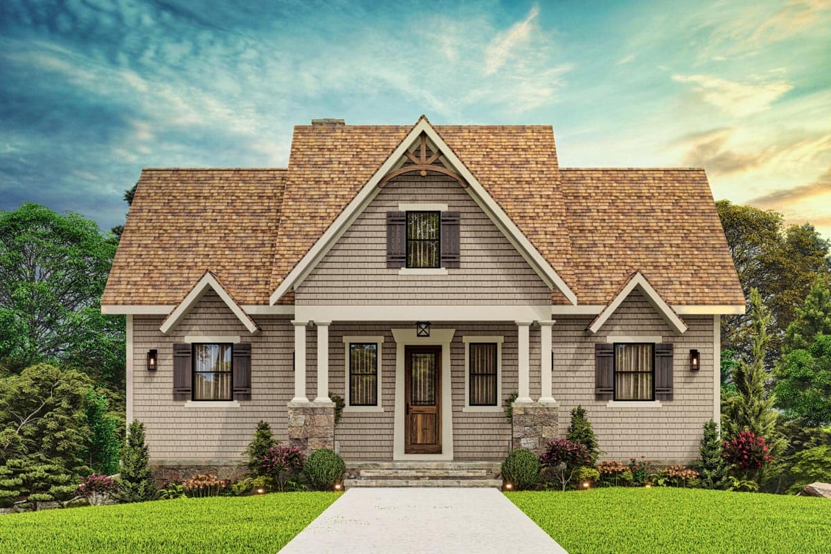 House plan exterior: two-story home with a prominent gable, shingle siding, covered front porch with stone-clad columns, and dormer window.