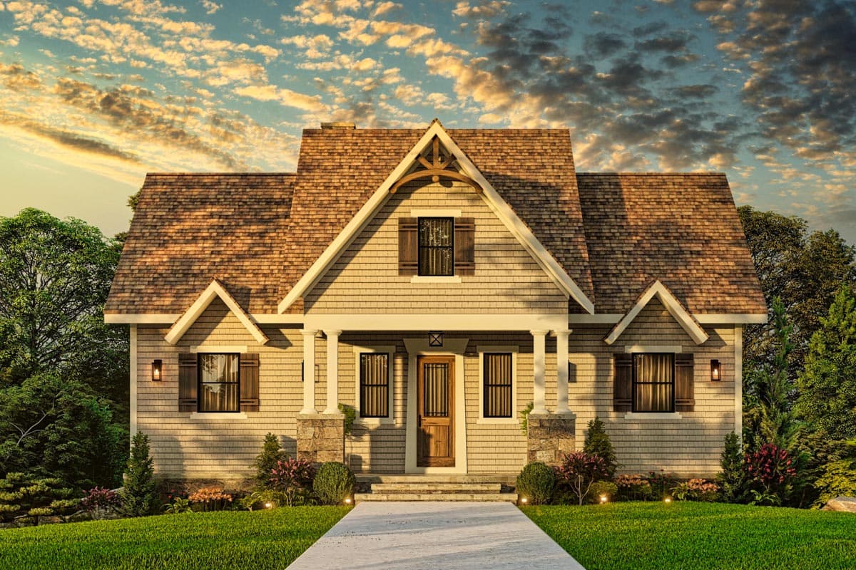 Craftsman style house plan exterior with shingled gables, covered front porch with stone pillars, and dormers.