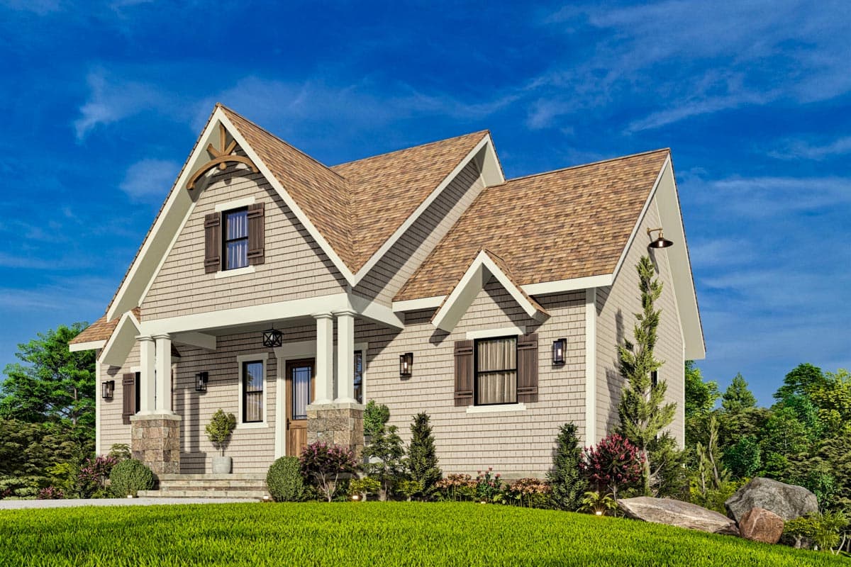 House plan exterior: Two-story Craftsman style with covered porch, stone base pillars, prominent gables, and shingle siding.