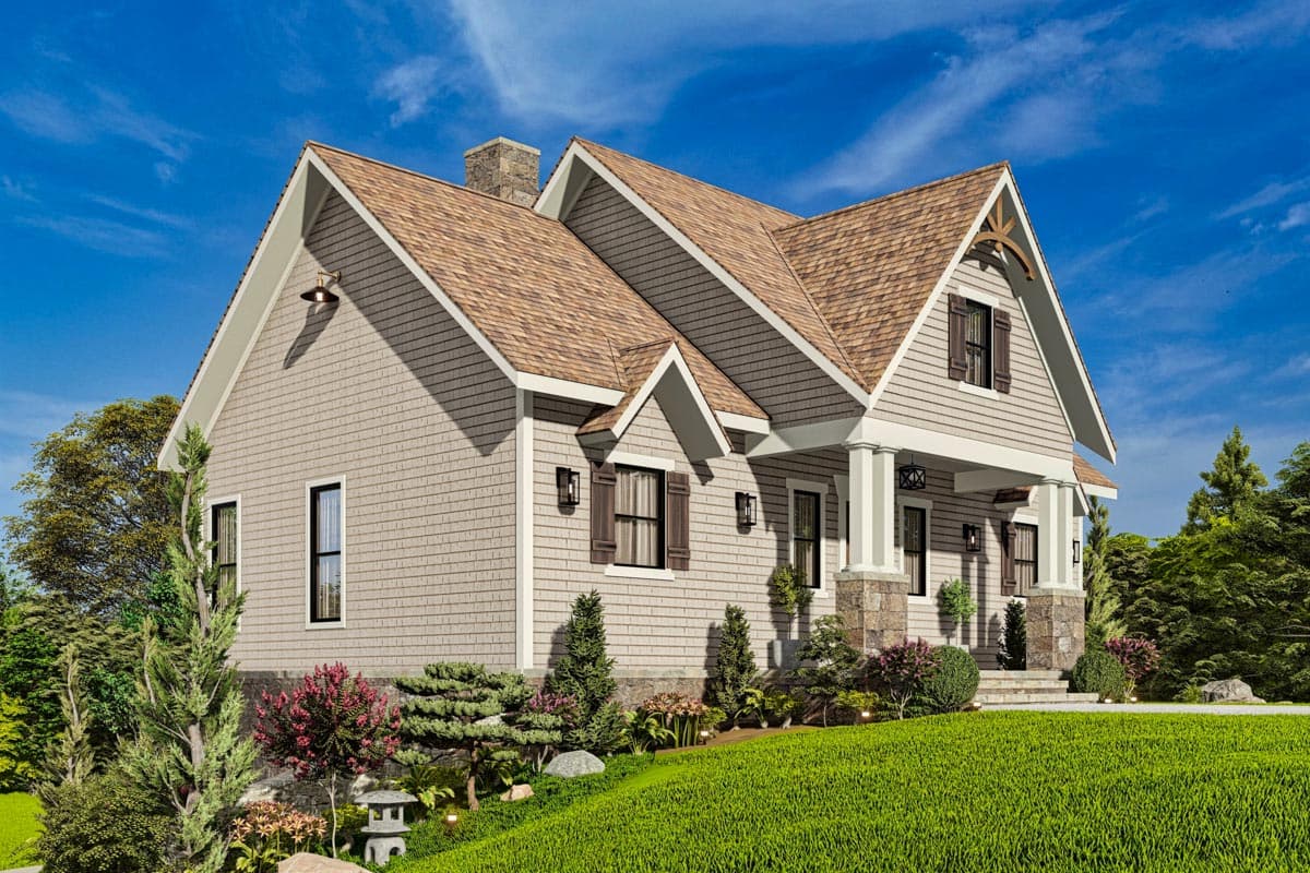 House plan exterior: Two-story home with shake siding, multiple gables, stone porch columns, and a prominent stone chimney.