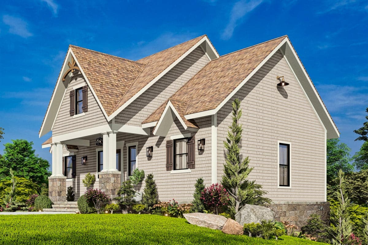 House plan exterior: Modern Farmhouse style, two stories, front porch with stone-clad columns, prominent gables, and shake siding.