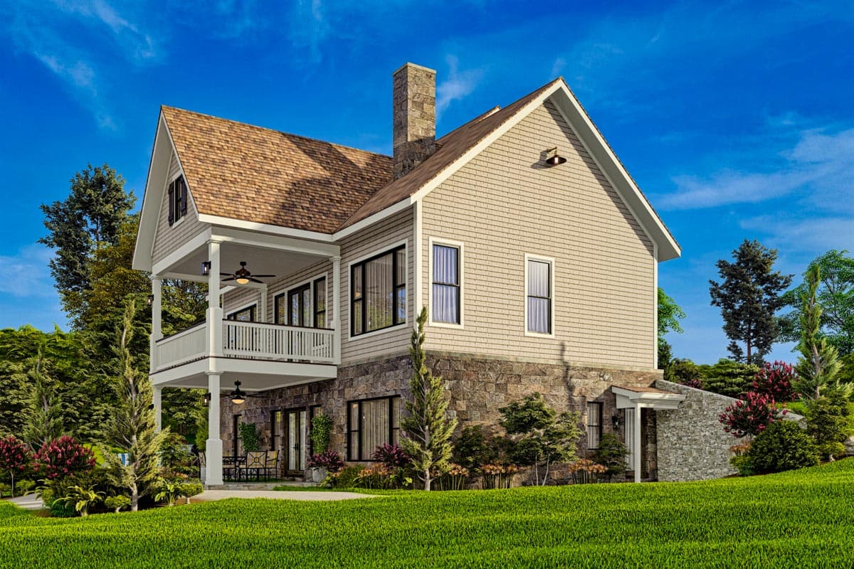House plan exterior with stone foundation, two-story covered porch, shingle siding, gabled roof, and prominent chimney.