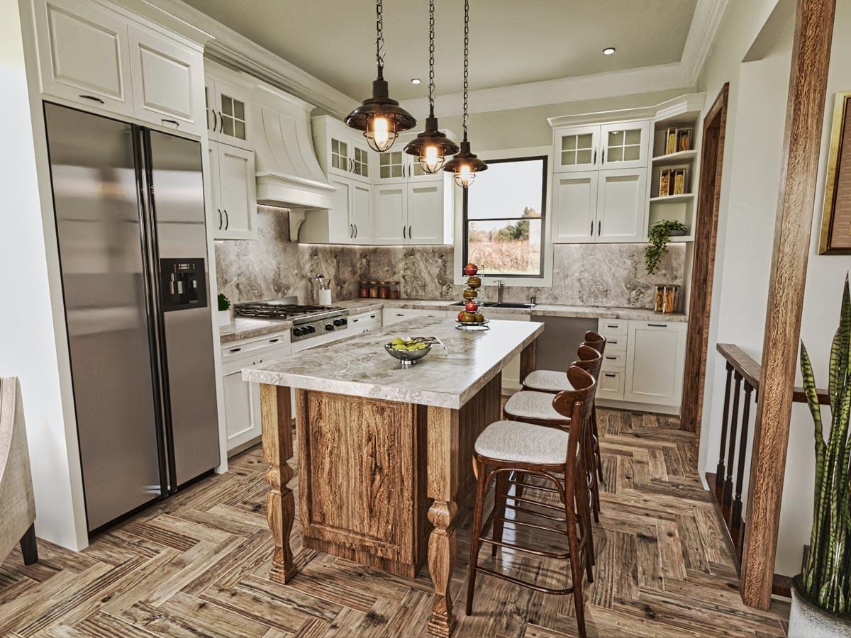 Kitchen with island, white cabinetry, marble countertops, stainless steel appliances, and wood plank flooring.