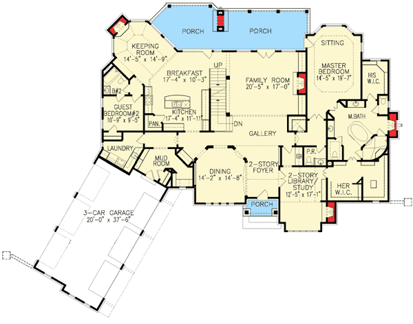 Plan 15899GE: European Home Plan with 2-Story Library - Floor Plan - Main Level - European, French Country, Traditional