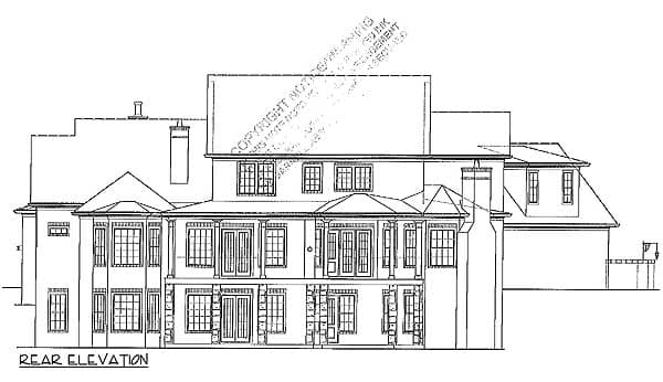 Rear elevation drawing of a multi-story house with a covered porch, numerous windows, and prominent chimneys.