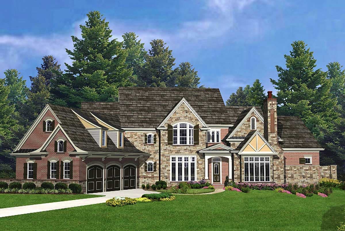 House plan exterior: Tudor style, two stories, with brick and stone facade, multi-level rooflines, and attached three-car garage.
