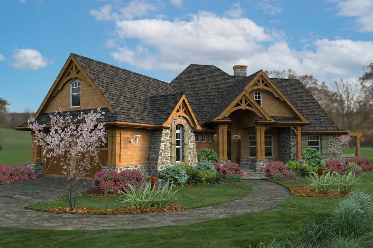 House plan exterior: Craftsman style, stone and cedar siding, prominent gables, covered porch with timber framing.