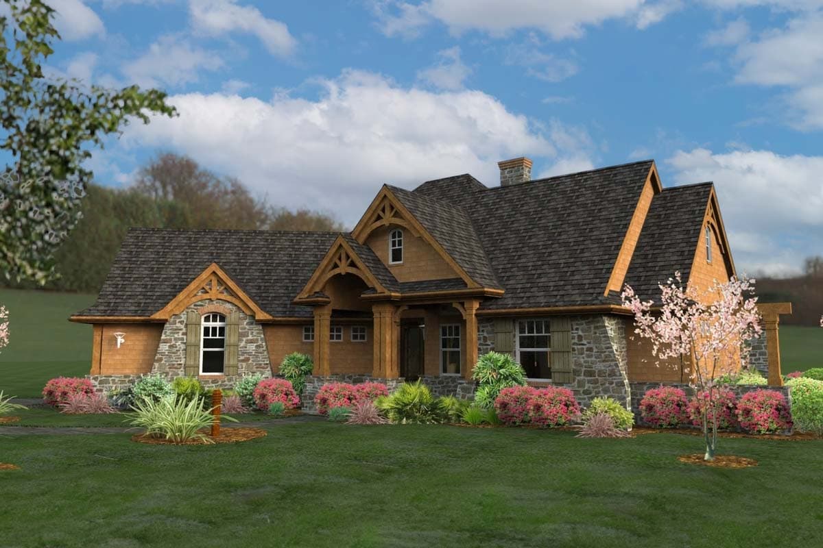 House plan exterior with stone and wood siding, prominent gable with decorative truss, covered porch supported by substantial columns.