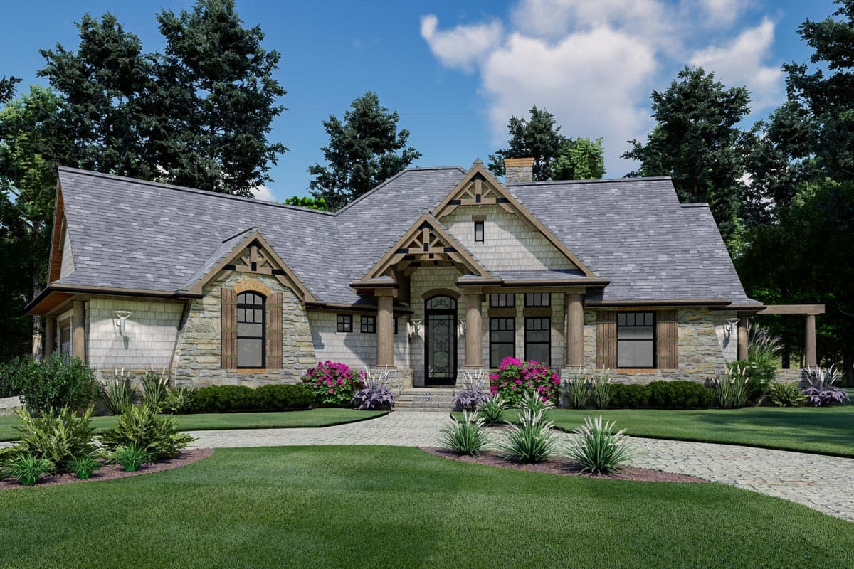 Craftsman style house plan exterior with stone and shingle siding, a prominent gable, and a covered entry with timber accents.