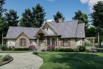 Shingle-and-Stone Craftsman Home Plan with Angled 2-car Garage - 1848 Sq Ft