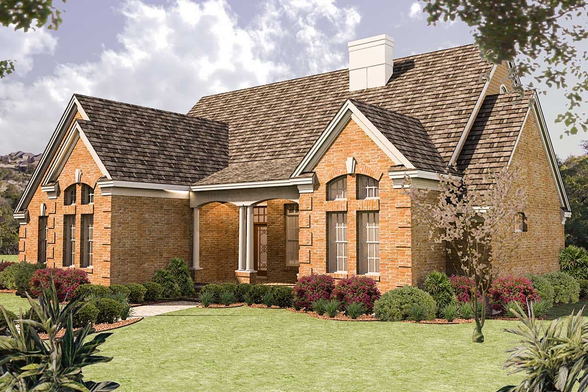 House plan exterior: Brick ranch with covered porch, gables, dormers, and arched windows.
