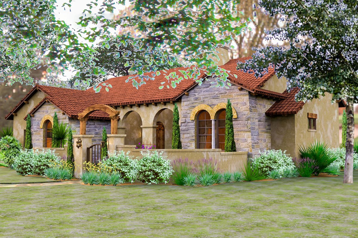 House plan exterior rendering featuring a single-story Spanish-style home with arched windows, a tiled roof, and a covered arcade.