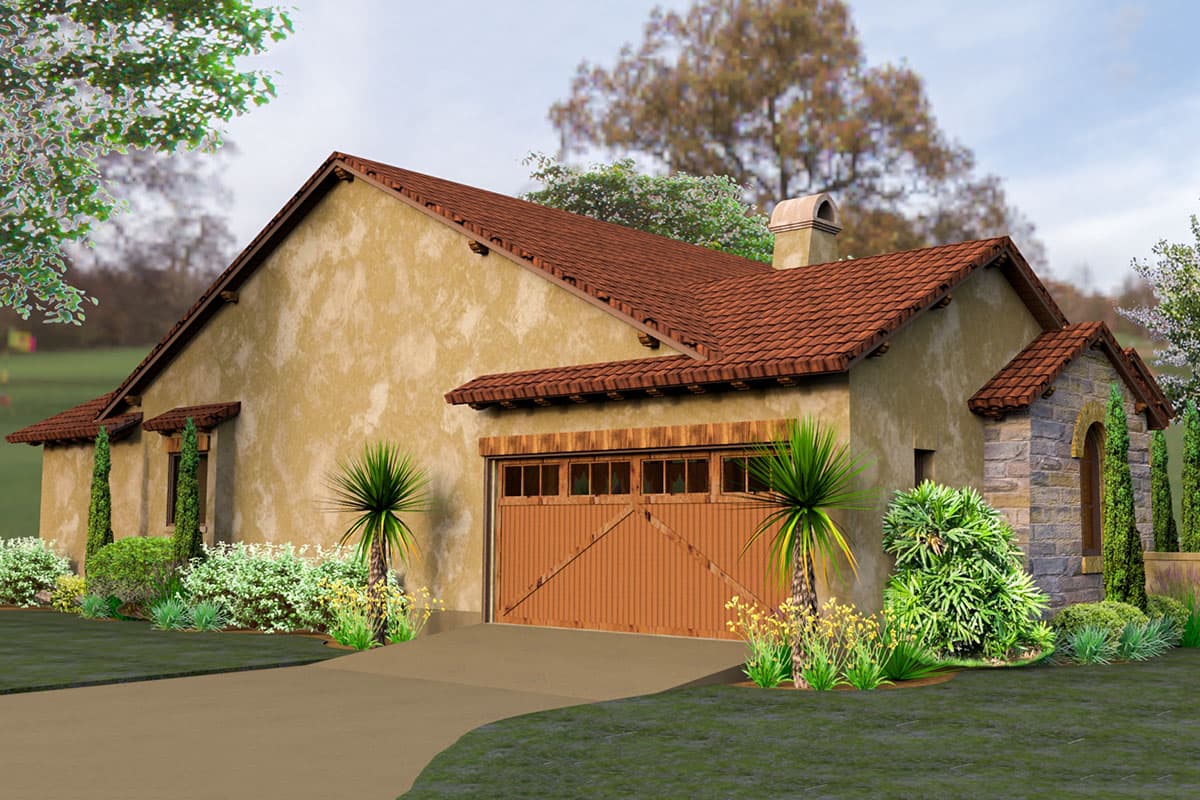 House plan exterior with stucco walls, tile roof, prominent garage door, stone entryway, and gabled rooflines.