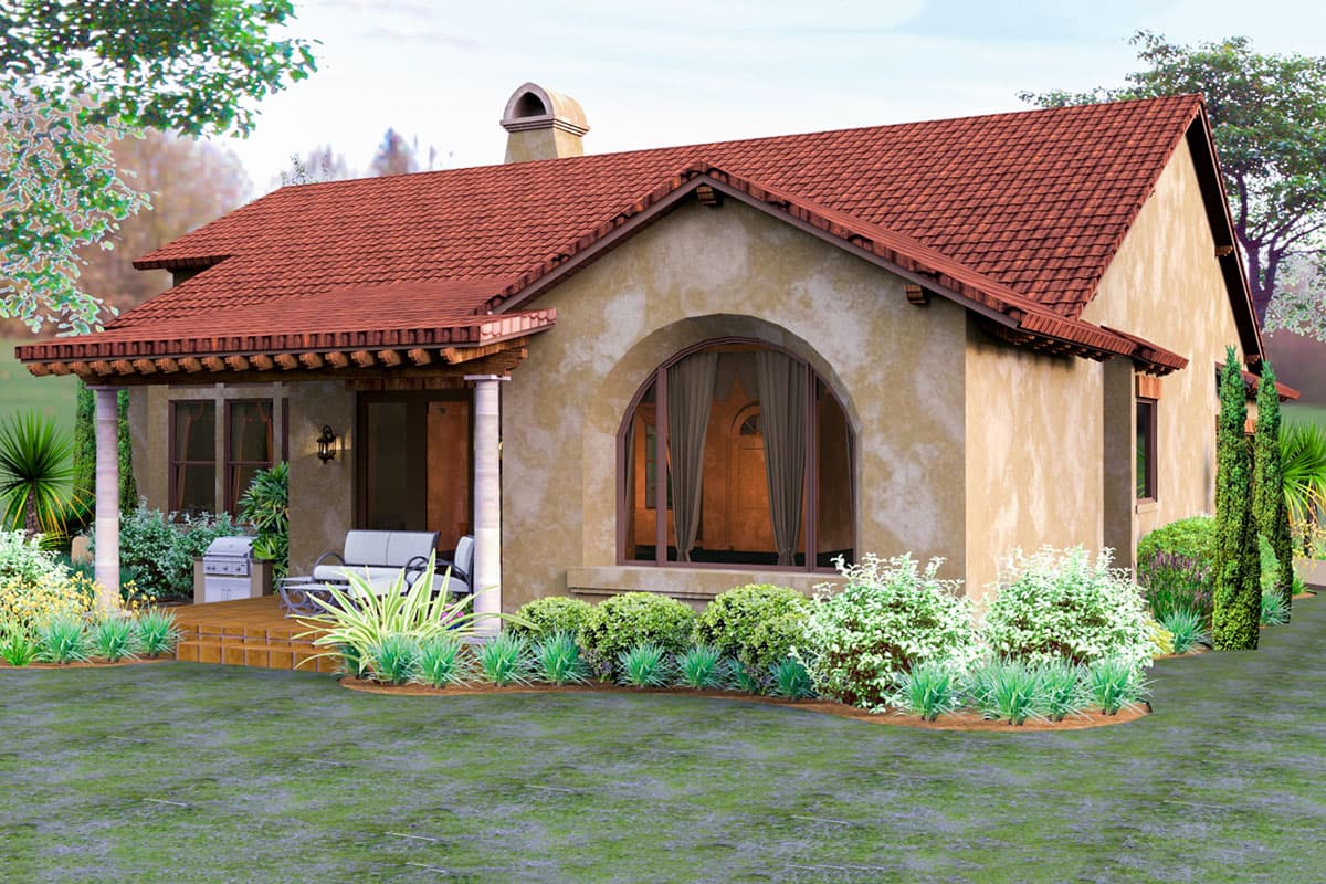 House plan exterior featuring a tile roof, arched window, covered porch with seating, and stucco finish. This is a single-story design.