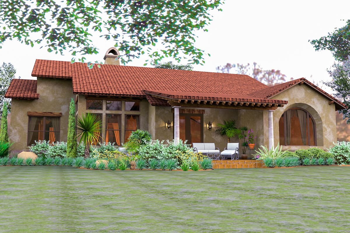 House plan exterior, stucco finish, red tile roof, covered porch with columns, large arched window, and multiple gables.