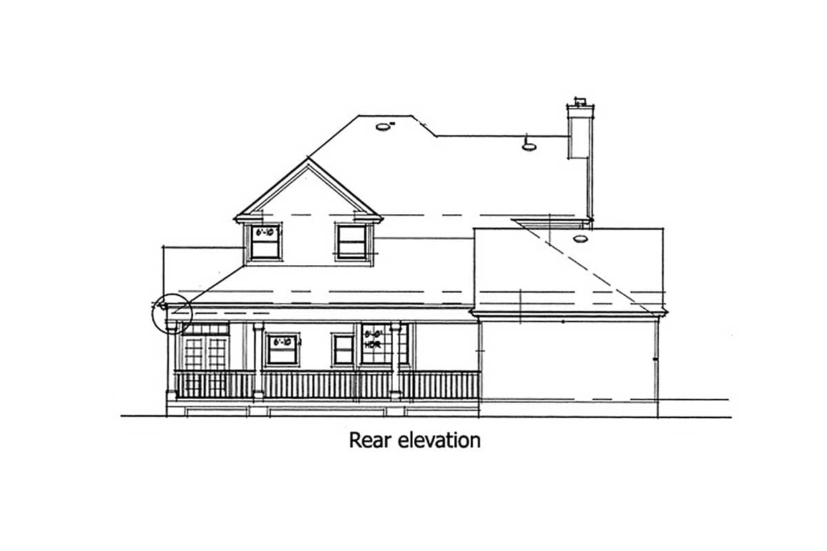 Rear elevation drawing of a two-story house with a covered porch, gables, and a chimney.