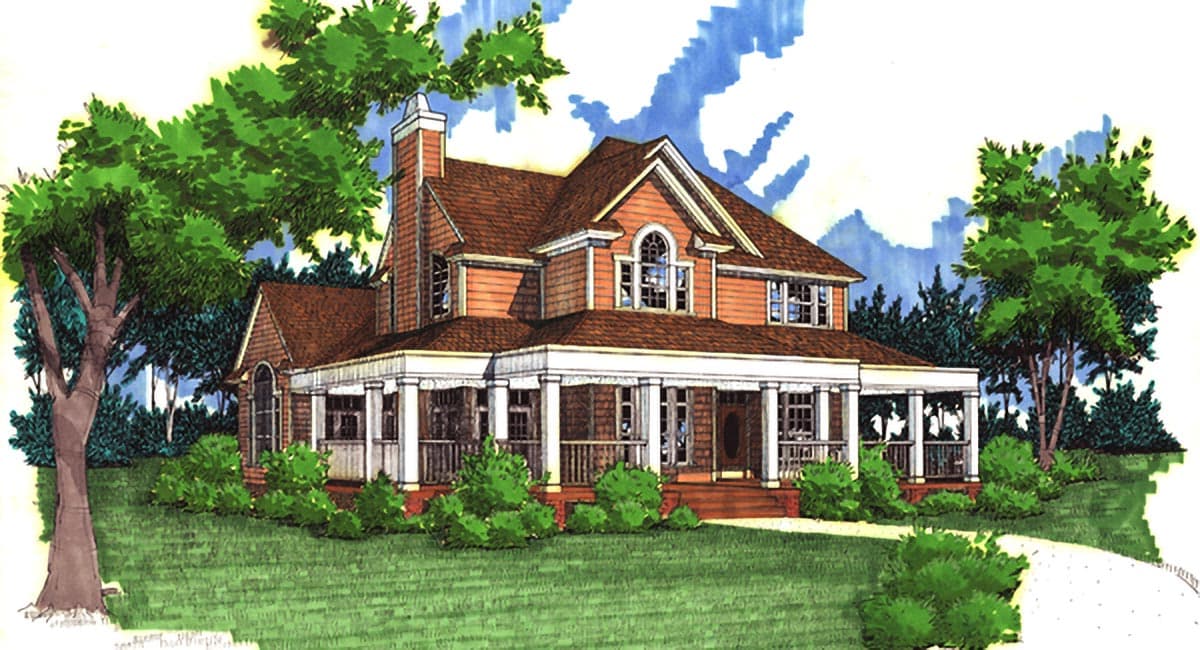House plan exterior: Two-story home with a wraparound porch, dormer window, and prominent gabled roofline.