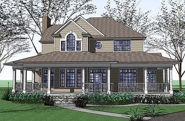 House plan exterior: Two-story home with wraparound porch, prominent gables, arched dormer windows, and a chimney.