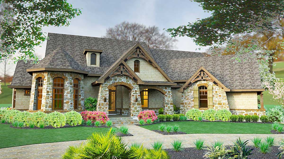 House plan exterior: stone and shingle siding, arched entryways, prominent gables, and dormer windows.