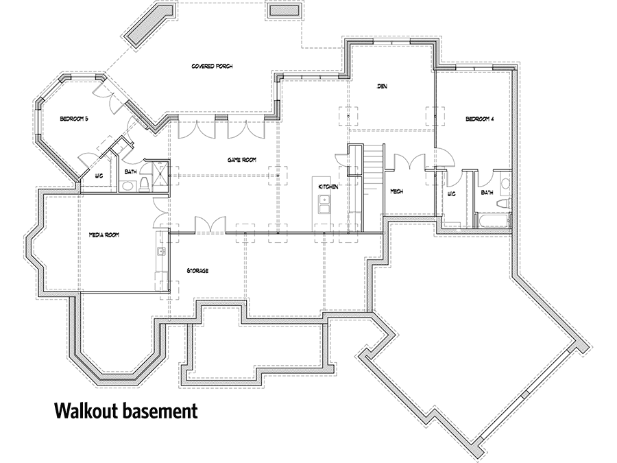 Plan 16806WG: 3-Bed Stone Cottage with 2-Car Garage and Upper Level Bonus Rooms - Floor Plan - Basement - Walkout - Cottage, European, French Country, Mountain