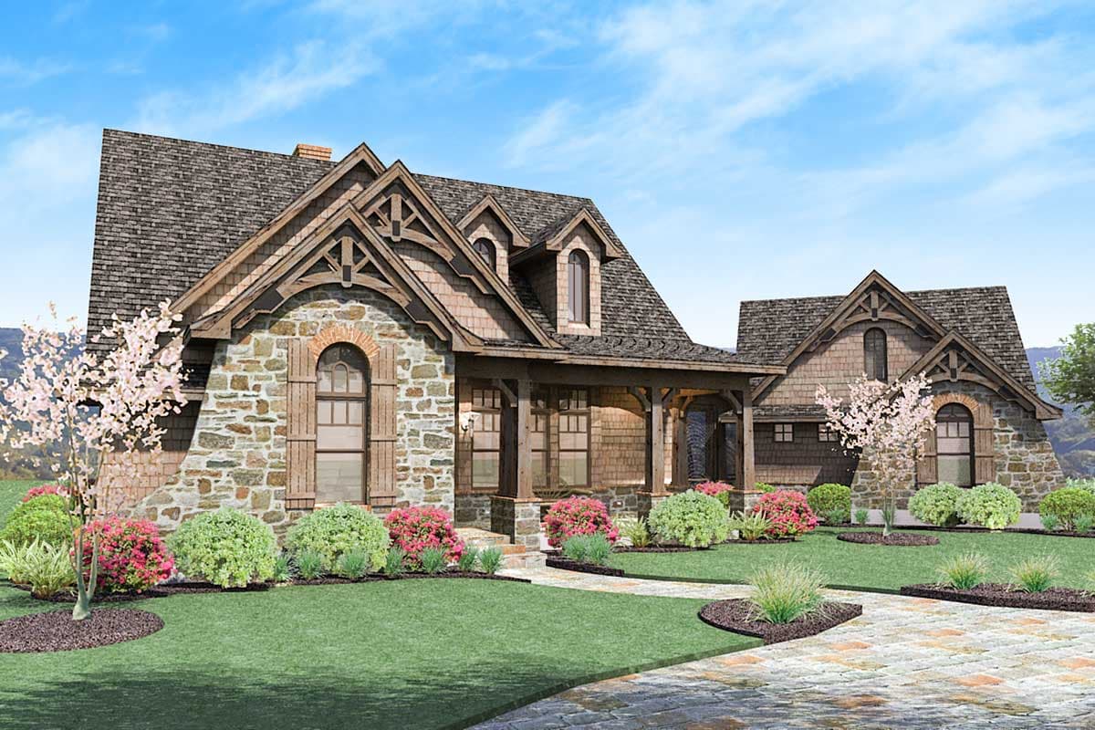 Craftsman style house plan exterior with stone accents, multiple gables, dormers, and a covered front porch.