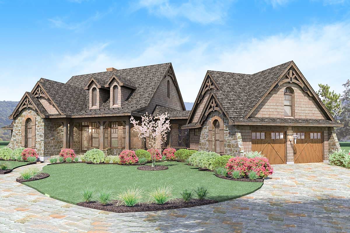 House plan exterior: Two-story home with stone and shingle siding, covered porch, multiple gables, and a three-car garage.