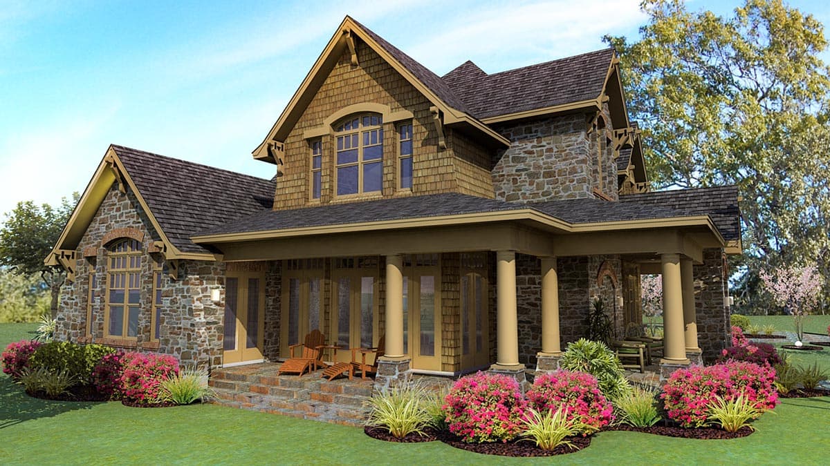Craftsman style house plan exterior, two stories, stone and shake siding, covered porch with columns, prominent gables.