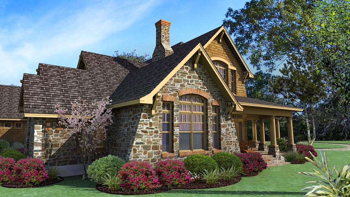 House plan exterior featuring stone facade, multiple gables, arched windows, and a covered front porch with columns.