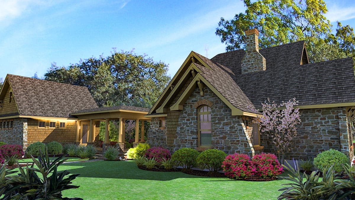 House plan exterior with stone and shingle facade, prominent gables, covered porch, and multiple rooflines.