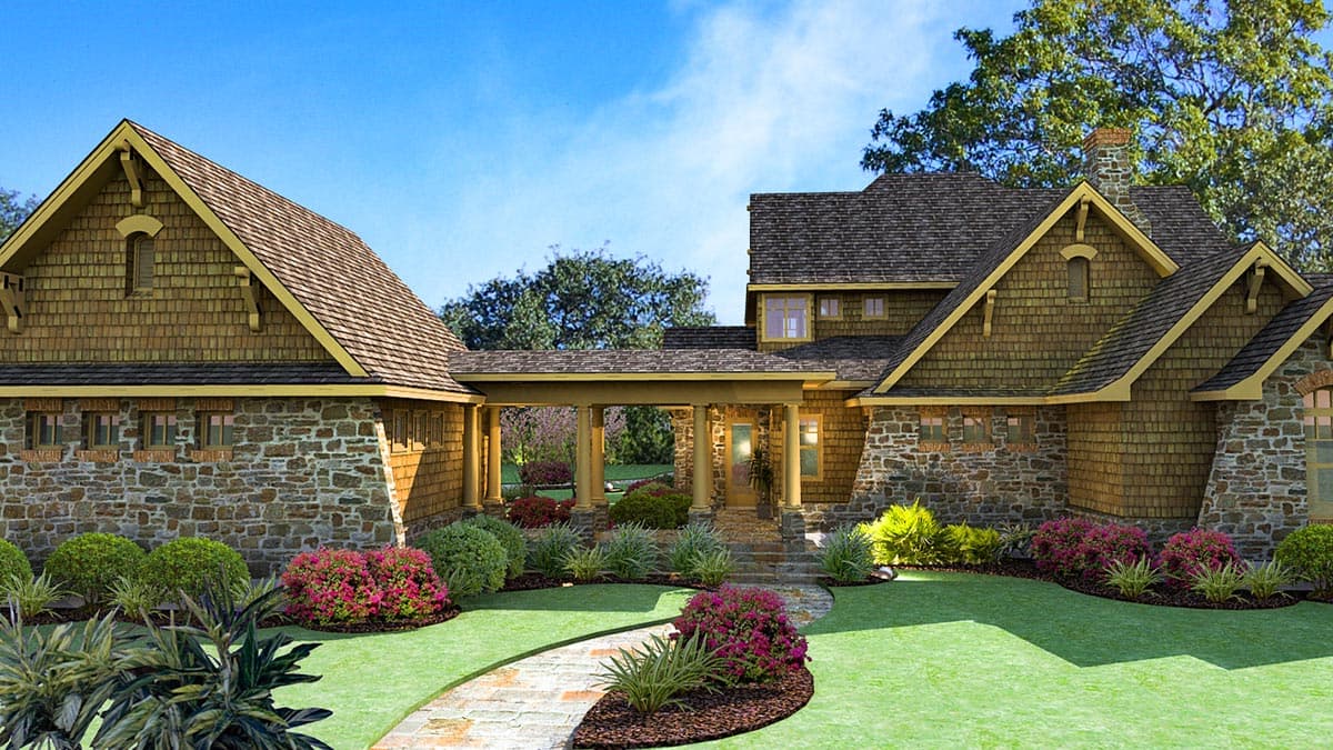 Craftsman house plan exterior featuring stone and shake siding, multiple gables, and a covered entryway with columns.