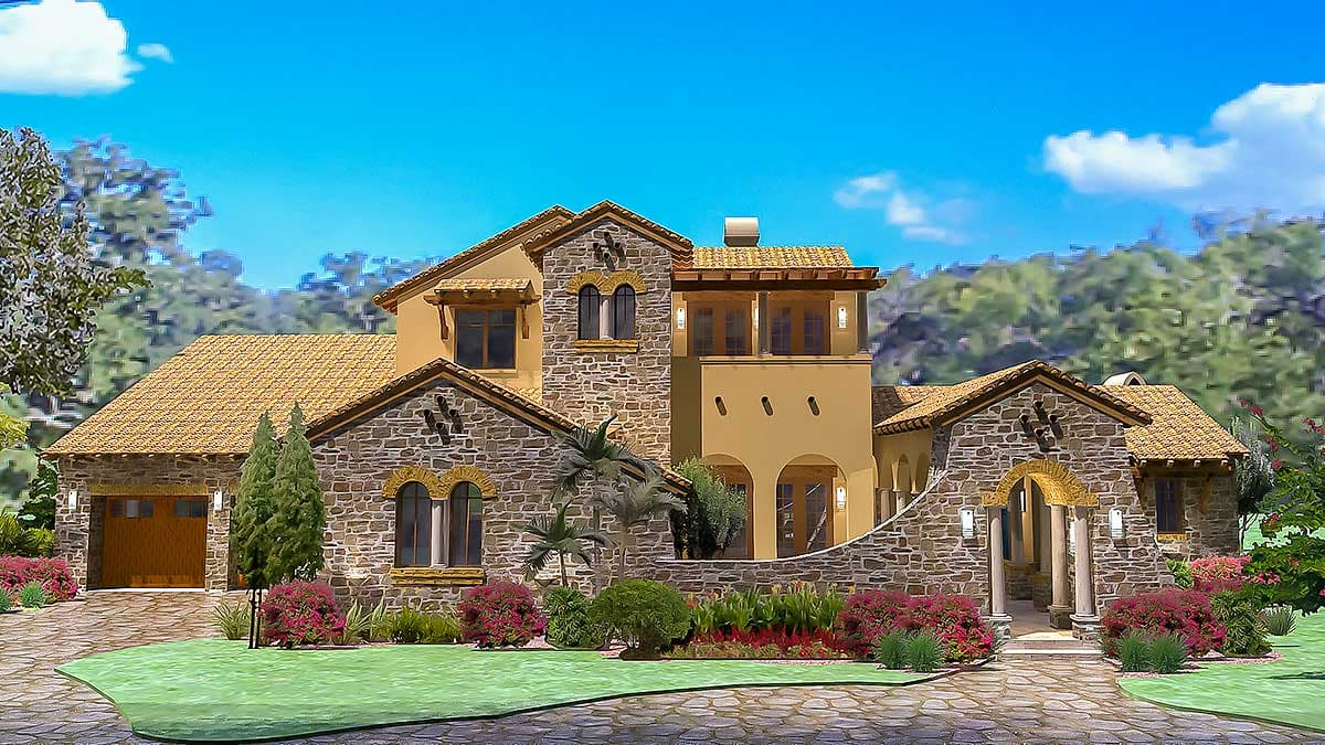 House plan exterior: Tuscan style, two stories, stone facade, arched entryway, attached garage, and tile roof.