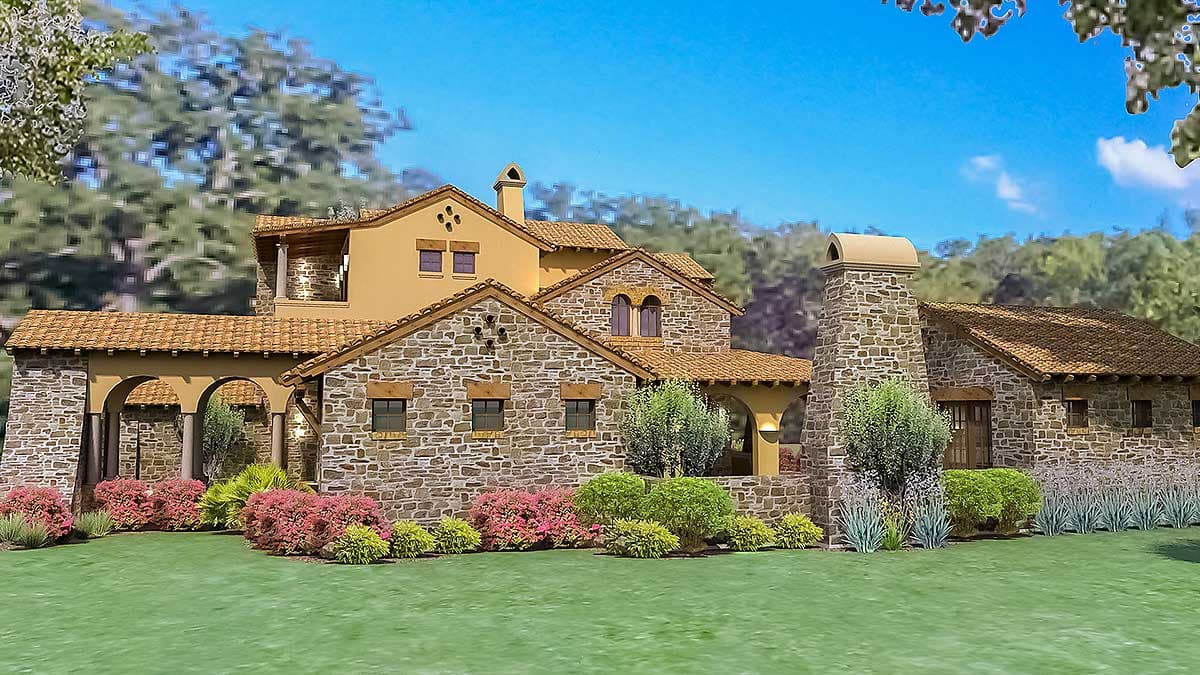 House plan exterior: Stone veneer structure with arched entryway, multiple gables, tile roof, and prominent stone chimney.