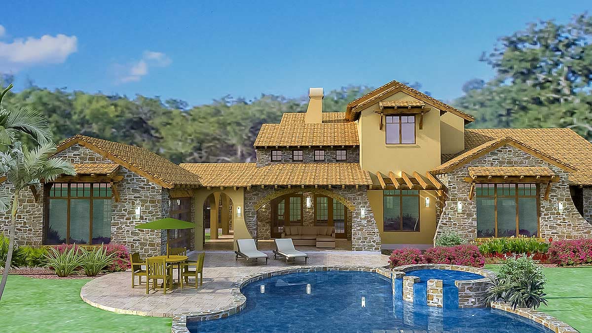 House plan exterior of a two-story Mediterranean-style home with stone accents, arched entryway, tile roof, and courtyard pool.