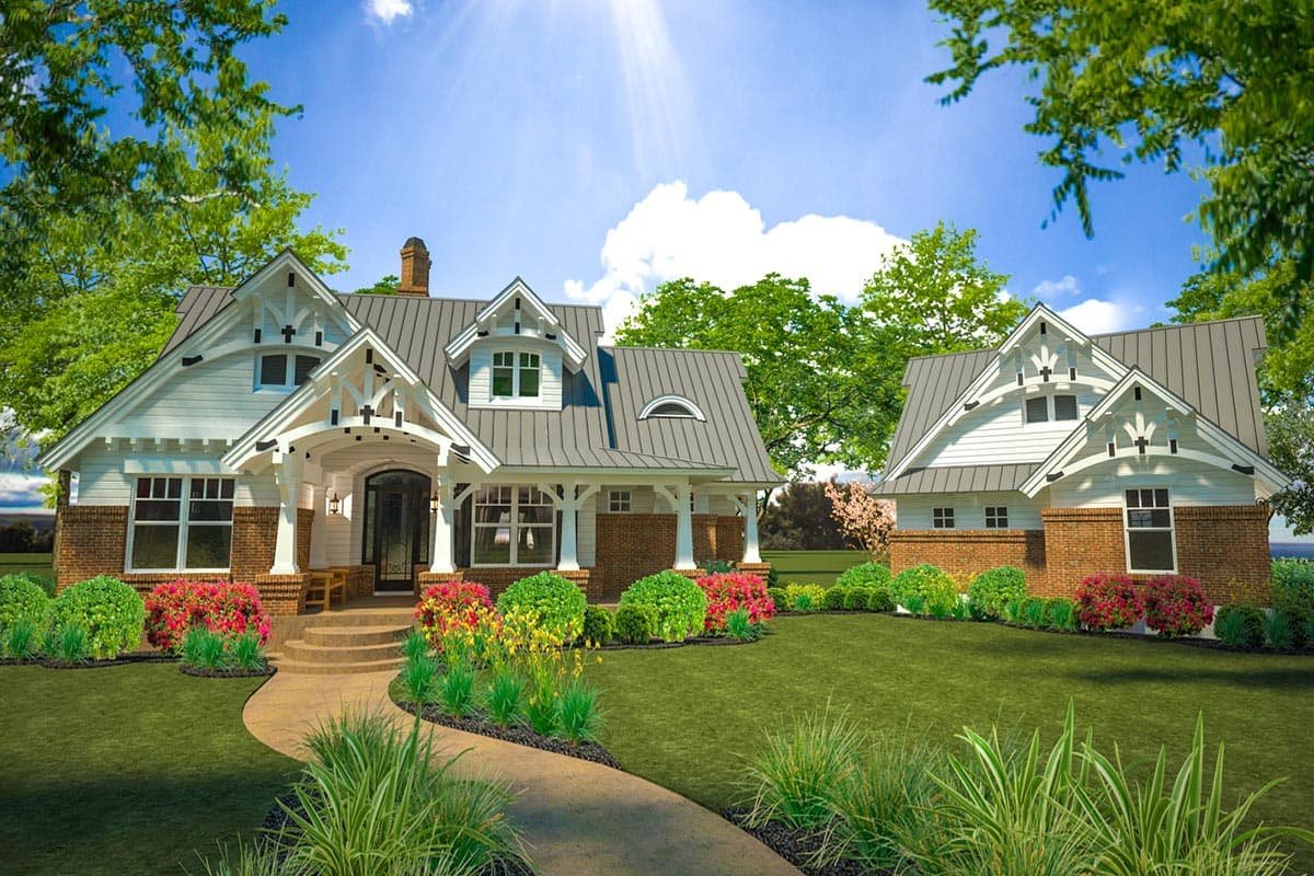 House plan exterior. Craftsman style, one story, with gables and a covered porch. Features brick accents and metal roof.