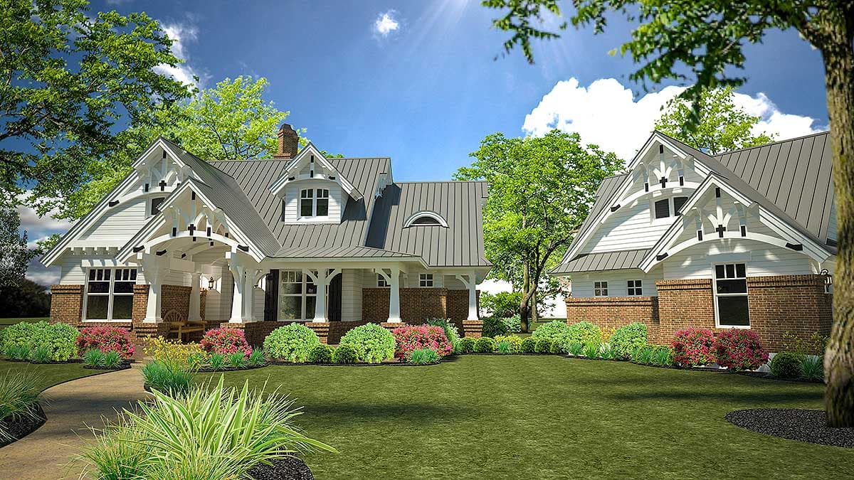 Craftsman house plan exterior with metal roof, gables, dormers, and covered entry porch supported by white columns.