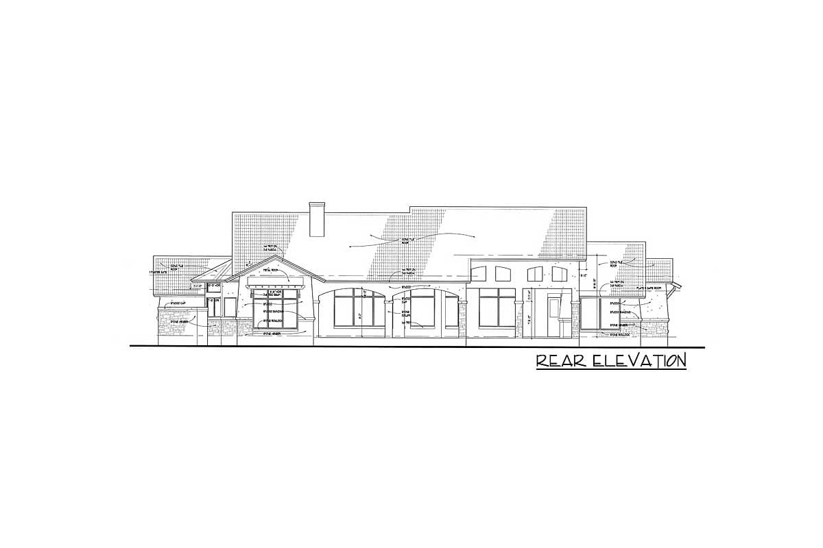 Rear elevation drawing of a house plan with stone accents, multiple gables, and various window styles.