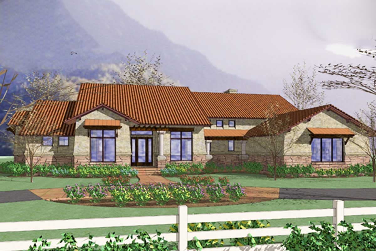 House plan exterior featuring a one-story, Spanish-style home. Notable features include a tile roof, covered entry, and multiple gables.