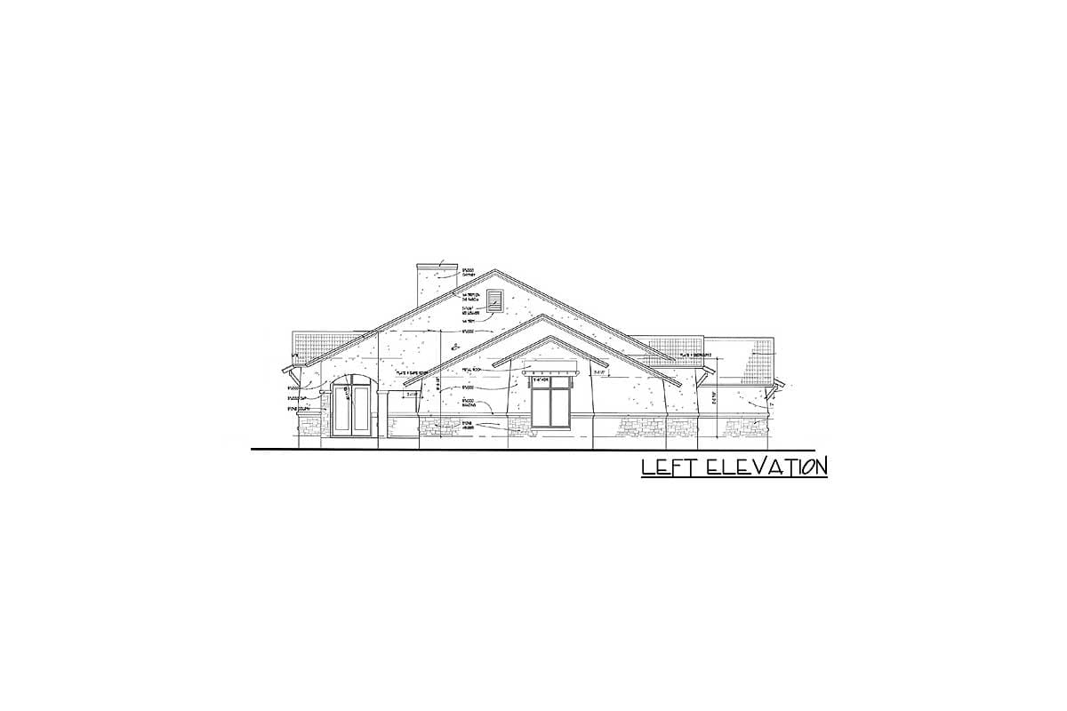 Architectural drawing of house plan left elevation with arched entryway, gabled dormer, and stone foundation.