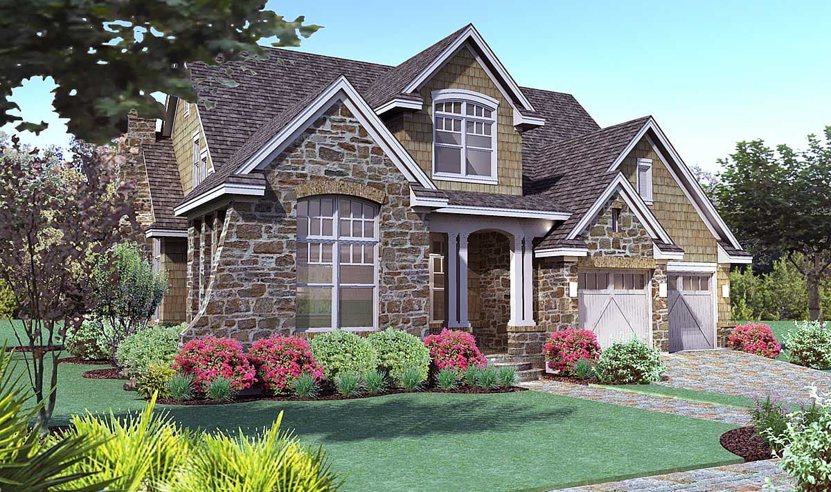 House plan exterior: two-story home with stone facade, arched window, front-entry garage, and prominent gables.