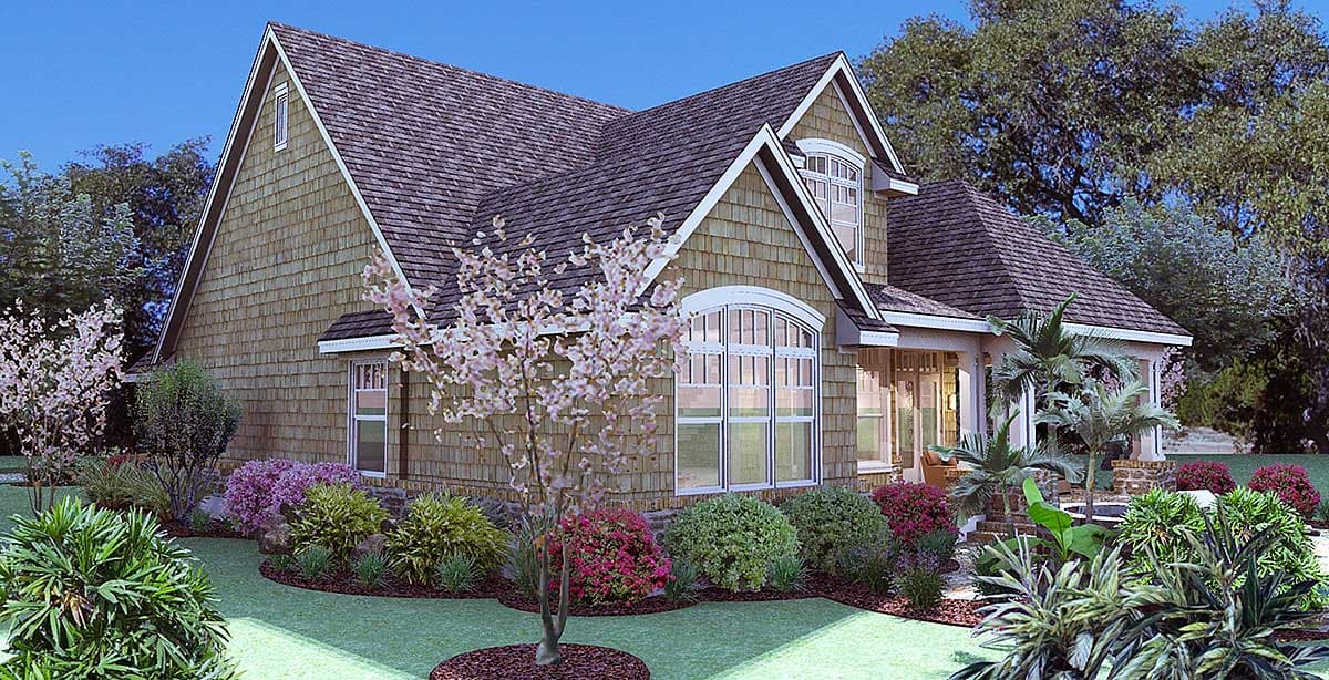 House plan exterior of a 1.5-story home with cedar shakes, prominent gables, and a covered porch.