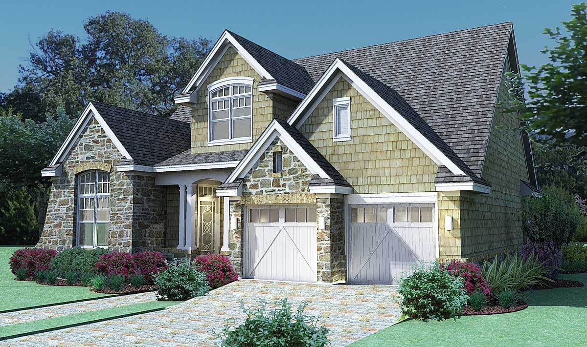 House plan exterior: Two-story home with stone accents, shake siding, dormers, arched window, and a three-car garage.