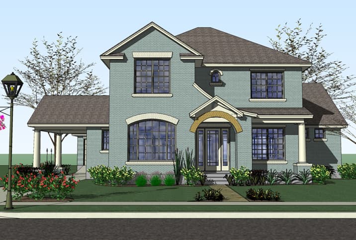 House plan exterior: Two-story brick home with arched entryway, gabled dormer, portico, and layered rooflines.