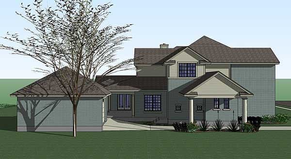 House plan exterior: Two-story, light blue siding, gable roof, attached garage, and covered front porch with columns.