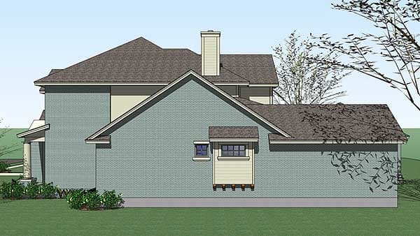 House plan exterior showing gabled rooflines, brick facade, prominent chimney, and bay window.