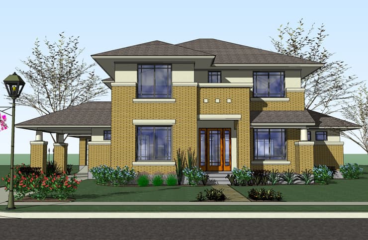 House plan exterior: Two-story modern home with hipped roof, prominent brick facade, broad eaves, and covered entrance.