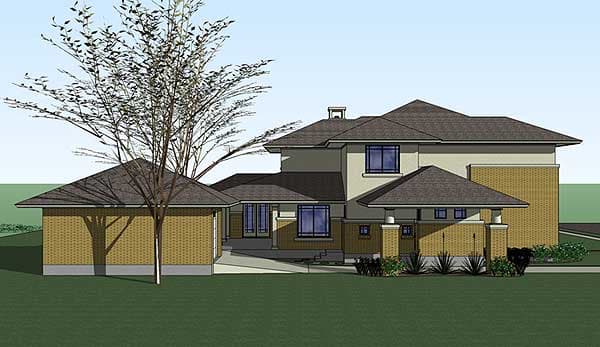 House plan exterior, two stories, brick base, large windows, hip roof, and attached garage.